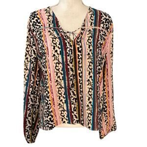 Marie Oliver Size L Peasant Top Blouse Multicolor Print Electric Silk Front Tie